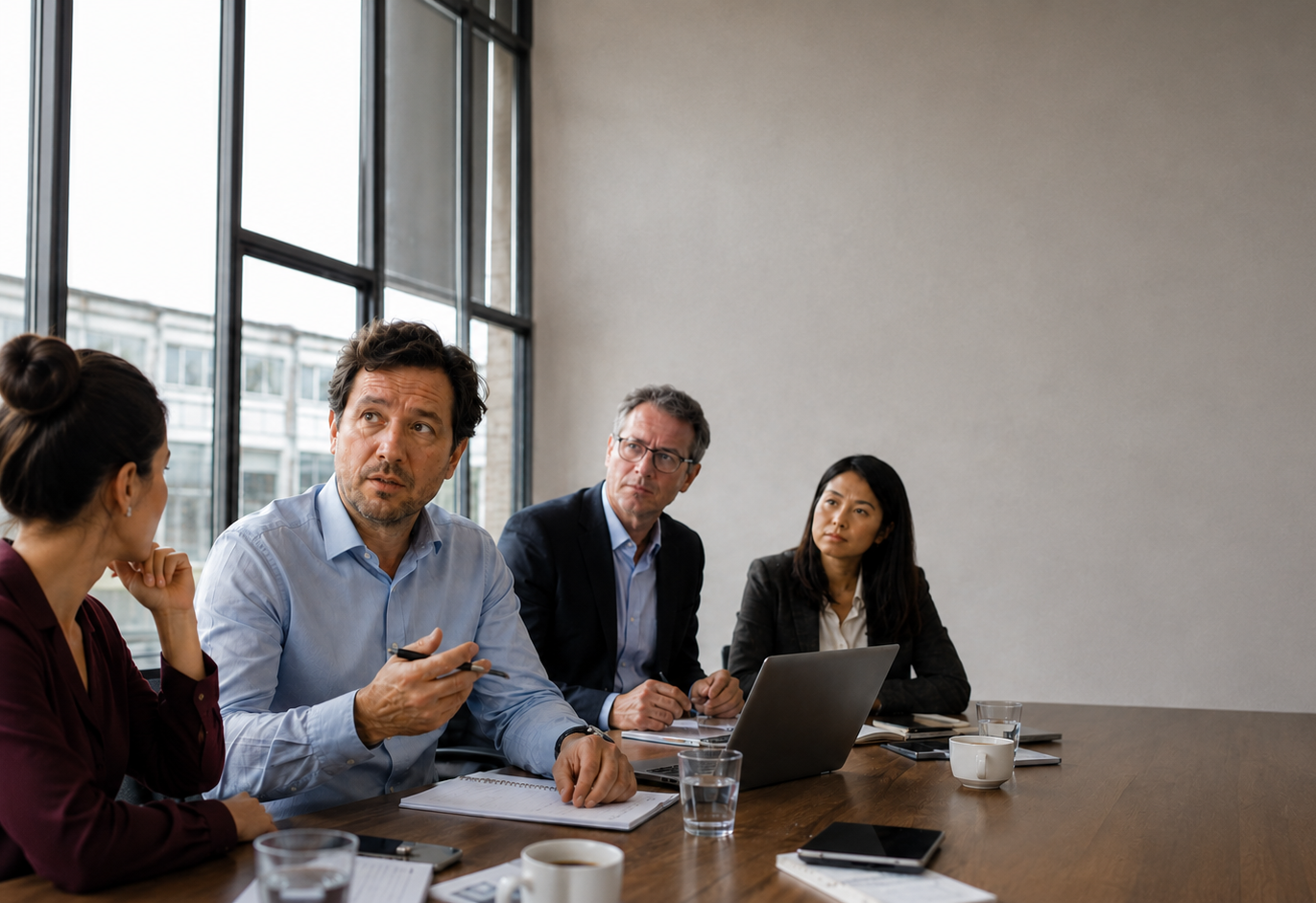 Manager cherchant ses mots en pleine réunion internationale